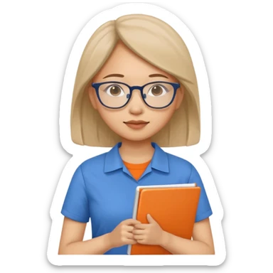 An asian woman with papers and laptop wearing glasses in blue and orange shirt sticker
