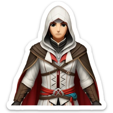 icon featuring Assasin's Creed in an iconic assassin's hood, standing tall against the backdrop of Florence. The design captures the essence of adventure, with intricate details of historical architecture and a sense of mystery. The character is poised, ready for action. transparent background. sticker