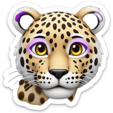 Haz un emoji de un leopardo de las nieves, con manchas violetas, y pelo rosa sticker