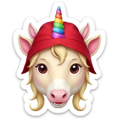 unicorn face cute wearing cute red hat, horn piercing through the hat looking in the camera, blond hair and spectacled. with big horn sticker