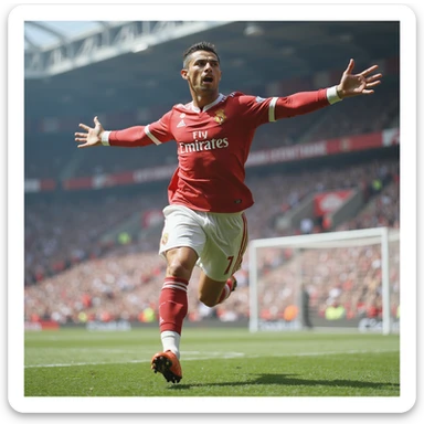 realistic illustration of a football player inspired by Cristiano Ronaldo celebrating a goal, arms outstretched, photorealistic style sticker