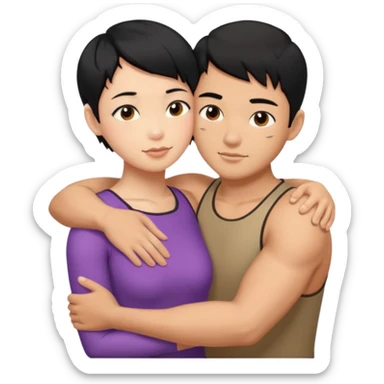 buff Asian Man black hair hugging girl with black pixie cut  sticker