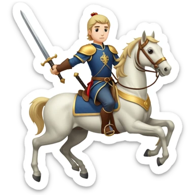 a guy riding a horse with a sword sticker