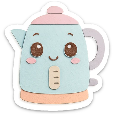 chibi electric kettle, full body, big eyes, pastel tones, hand-drawn style sticker