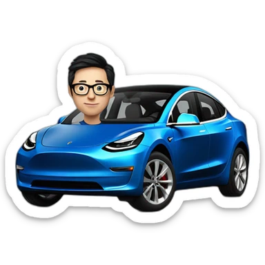 Middle age lean white man with black hair & glasses wearing a blue Tesla T-shirt riding a Black Tesla Model 3 sticker