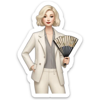 pale skin woman with ash blonde Straightened bob Hair, White Spacious classical jacket, beige palazzo Arrow pants and gray blouse holding a fan from color palettes in the hands sticker