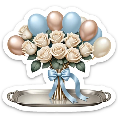 Set against a warm beige and pearl-colored lace backdrop, a bouquet of creamy white roses intertwined with pale blue blooms is wrapped in a soft champagne-colored velvet ribbon, forming a perfect bow. The bouquet rests on an antique silver tray, its delicate engravings catching the soft glow of candlelight. Hovering above, a trio of metallic pearl balloons in soft ivory and rose gold tones sway gently, their surfaces gleaming with a muted, vintage-inspired sheen. sticker