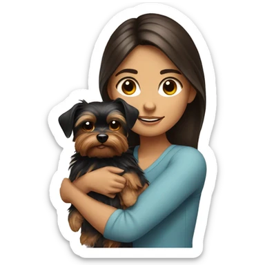 A brunette girl with a Yorkshire terrier in her arms sticker