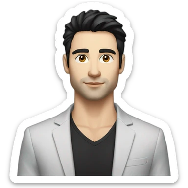 man, blue eyes, 30 years old, white skin, black hair, blazer with t-shirt, good looking sticker