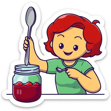 redhead woman with big smile taking some jam with a spoon from glass jar sticker