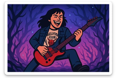 Eddie Munson from Stranger Things in the Upside Down, mixing vibrant toon style with bold comic book outlines, wide aspect ratio (16:9), dramatic supernatural background, dark and defined contours. sticker