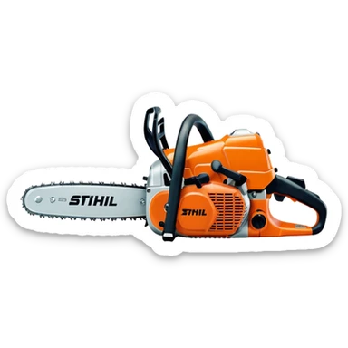 Stihl MS500i chainsaw, side view, showing the Stihl logo clearly, realistic proportions but simplified details, bright orange and silver color scheme, clean design, suitable for emoji style sticker