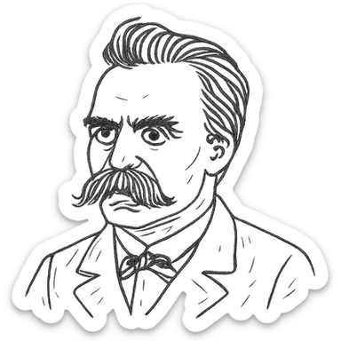 a hand drawn black outline portrait of philosopher Friderich Nietzsche with similar-sized eyes based a famous portrait of him sticker
