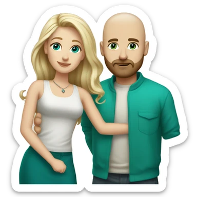 White couple. Male bald with beard. Aqua eyes. Woman long blonde brown highlight hair. 35. Teal eyes.  sticker