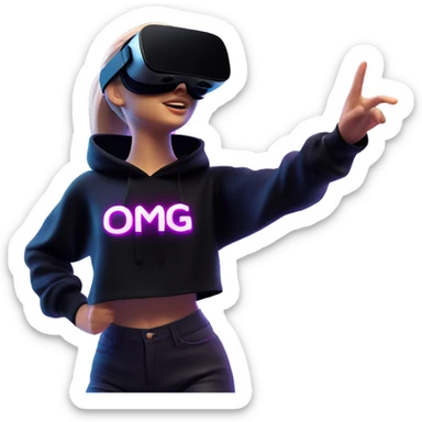 Russian girl wearing black hoody with violet letters "OMG", in vr headset oculus quest2. Dancing. Cyberpunk style. Violet neon. sticker