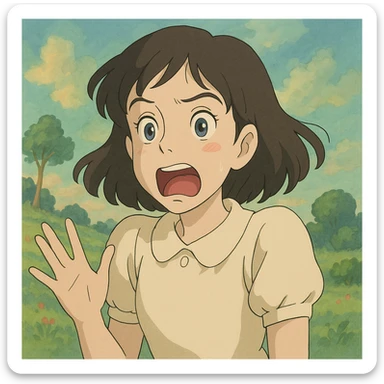a pale, brunette girl acting, expressive face, ghibli style sticker