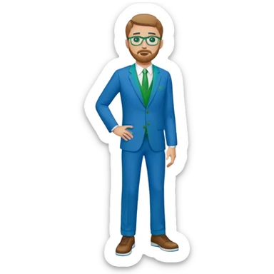 full body White male basketball coach light brown/ blond hair, short beard, green/blue eyes wearing glasses and blue and green suit sticker