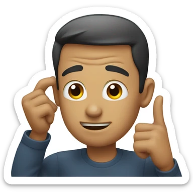 man pointing at his ear sticker