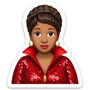 Aretha Franklin with dark brown hair, red sequin outfit sticker