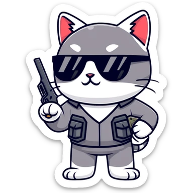 black cat with sunglasses and a gun sticker