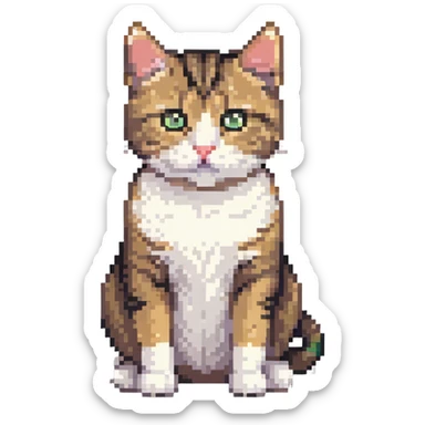 Cute tabby cat with white stomach, pixelated style, sitting to show white belly sticker