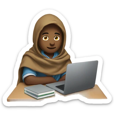male student sitting at a school desk with a big blanket wrapped around shoulders working on chromebook sticker