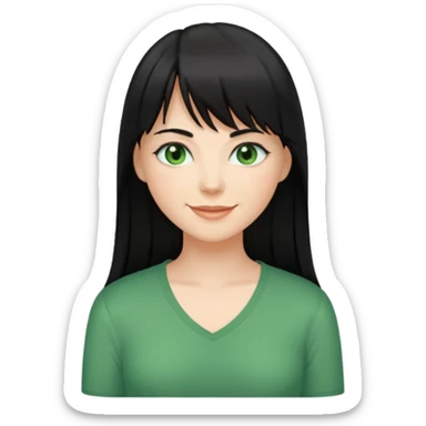 A white woman with Long straight hair with bangs, black hair, green eyes and a low-cut shirt sticker