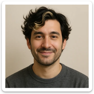 man with wavy black hair and blonde highlights, friendly expression, plain background sticker