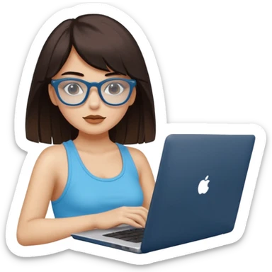 Una chica de color de piel blanca con cabello súper largo con flequillo color marrón y gafas negras con estilo de periodista súper top, también agrega una lapto en sus manos, también que su vestimenta sea un crop top color azul Celeste  sticker