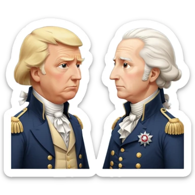 “Donald Trump and George Washington facing each other. Trump in a modern suit, visibly shocked. George Washington in colonial uniform, calm and silent. Realistic style, cinematic lighting.” sticker