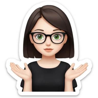a cute white brunette girl with green eyes in a black dress wearing glasses  with two hands  sticker