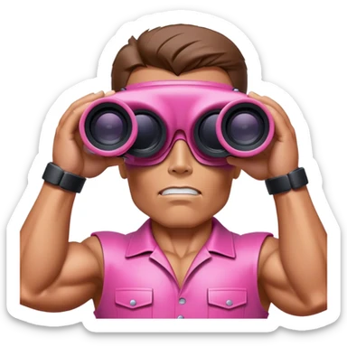 schwarzenegger-looking pink terminator looking through binocular, viewed from an angled perspective sticker