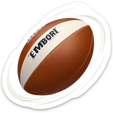 Cinematic Realistic image of a rugby ball in mid-action, with dynamic motion blur and finely rendered leather textures, set against a sunlit, energetic field that underscores its robust athleticism sticker