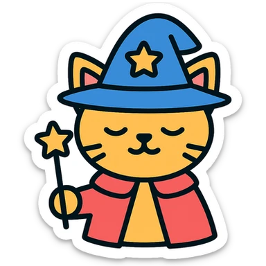 cat magician with a wizard hat and wand, colorful icon sticker