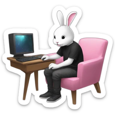 yugy bunny black t-shirt playing computer on pink chair dark souls 2 sticker
