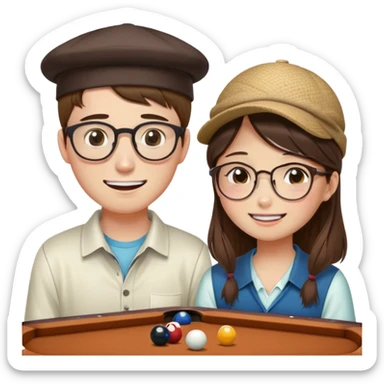 Chinese Girl without glasses and young white man with a hat and glasses brown hair playing table pool, the white man is crying because he lost but the Chinese girl is smiling  sticker
