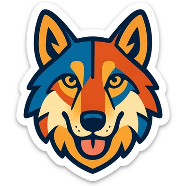 cartoon style face of an American wolfdog, vibrant colors sticker