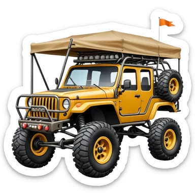 Well-equipped Off road Race truck whose frame and detailed suspension is made of shopping cart material with padded roll cage, huge roof rack, winch, and antique style handmade bodywork (survivalist style) sticker
