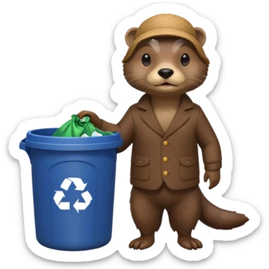 an otter dressed as a man picking up trash bins sticker