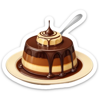 chocolate pudding dessert with flan on top on a small plate sticker
