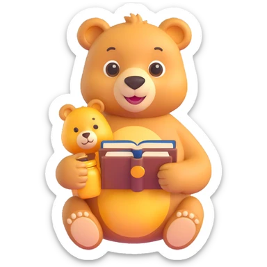 emotional soft bear character, soft bear shape, round face, big gentle eyes, cozy smile with slightly sleepy relaxed eyes, honey color with warm tones, delicate and caring emotional style, holding a honey pot or small book in hand, Disney Winnie the Pooh atmosphere sticker