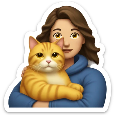 Brunette woman snuggling yellow fat cat sticker