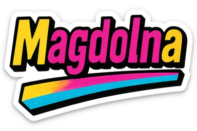 Magdolna name in modern colorful gradient font with dark outline, dynamic slanted or partial underline, transparent background, in the style of reference patterns sticker