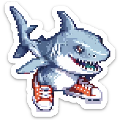 pixel art: a cool shark in sneakers, simple background sticker