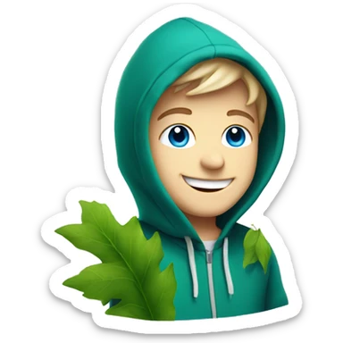 smiling Caucasian boy with blue eyes in hoodie surrounded by green leaves and smoke sticker