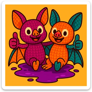two knitted toy fruit bats giving a thumbs-up, sitting in a puddle of purple liquid, vibrant toon style sticker