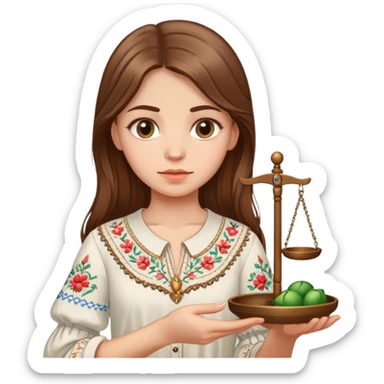 A Ukrainian girl with brown hair in an embroidered shirt holds the scales of truth in her hand sticker