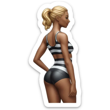 Hyper-realistic figurine showing tall sultry fitness model in striped body paint from behind sticker