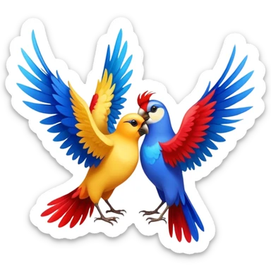 Three colorful birds flying together in the sky, each with vibrant feathers, wings spread wide, moving in harmony and creating a lively, joyful scene sticker