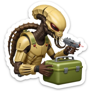 The Predator, as in the 1987 movie, with full armor, laser gun and mask eating an Alien facehugger from a lunchbox, the setting should be dark and sci-fi. sticker